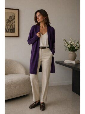 Cashmere Charter Club Luxury 100% Cashmere Cardigan Women L Purple Open Front